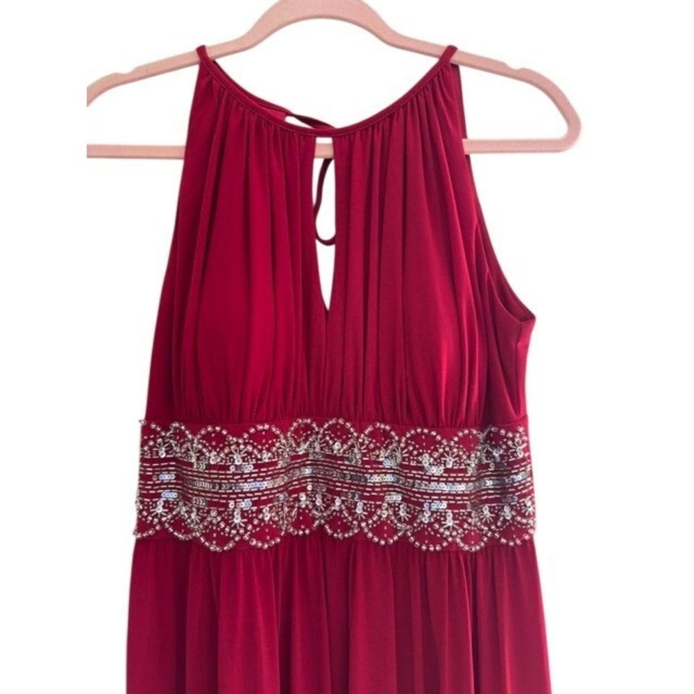 Red Halter Maxi Dress Silver Beaded‎ Sequin Waist Keyhole Formal Gown